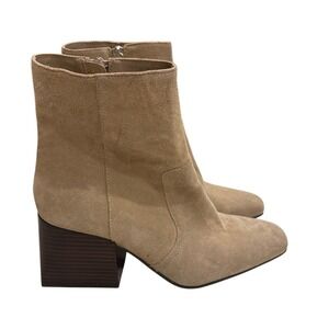 Salome Waterproof Suede Ankle Boots Block Heel Side Zip Tan Women Size 9.5